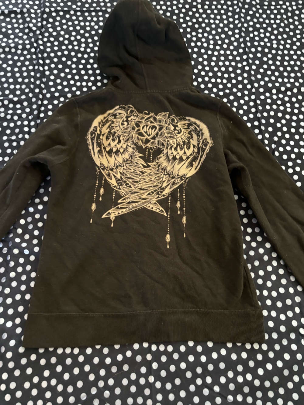 Black zip up Hoodie with white/cream Wing Heart Graphic